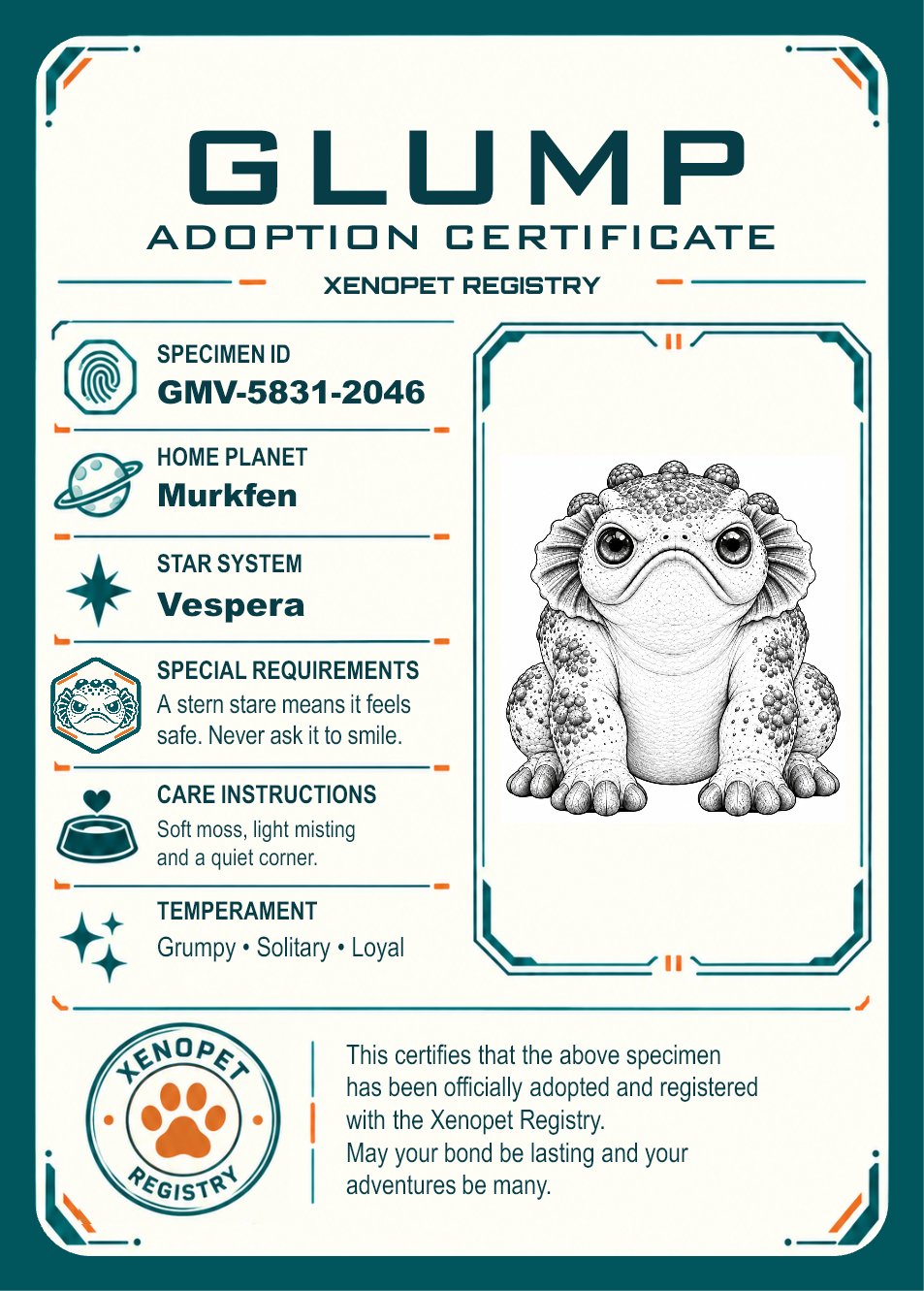 Glump adoption certificate with home planet Murkfen, temperament, portrait and registry seal